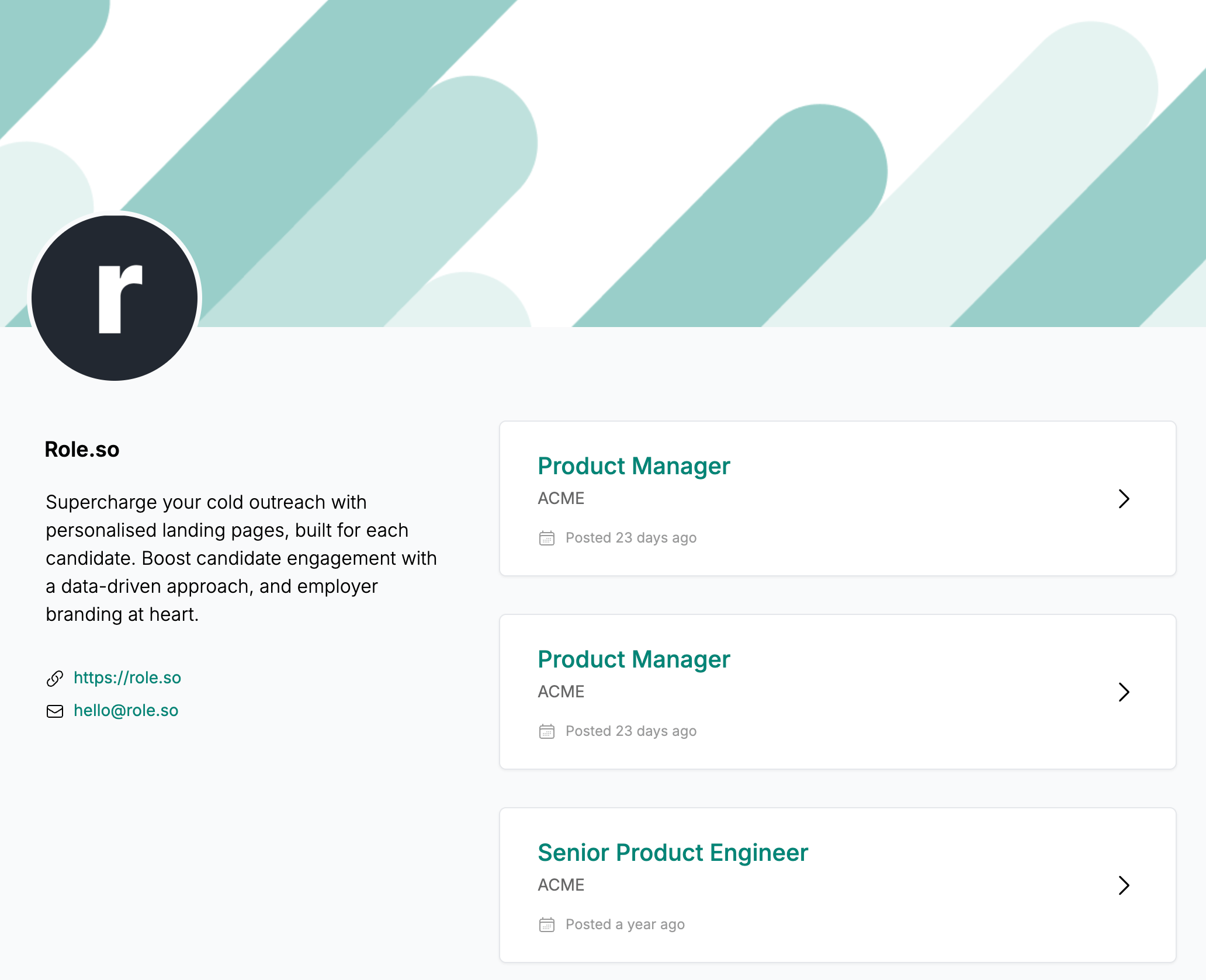 Example public Role.so careers page with open roles and branded job cards